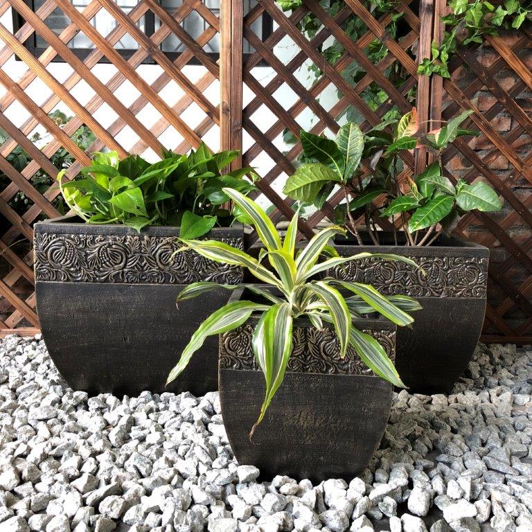 DurX-litecrete Lightweight Concrete Square Fancy Rim Wash Bronzewash Planters - Set of 3