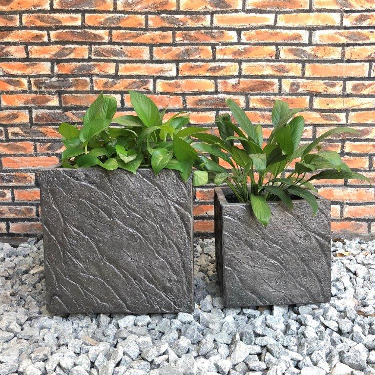 DurX-litecrete Lightweight Concrete Slate Cube Dark Brown Planter - Set of 2